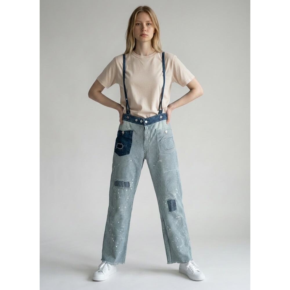 Railroad Stripe Suspender Pants Jaded Gypsy Patchwork Workwear Overalls -